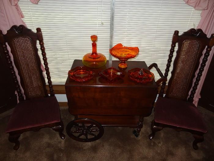 Delwood Tea, Buffet Serving Cart, Pair of Low Seat Chairs