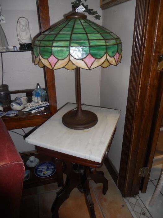 Marble top Eastlake style end table Stained glass lamp