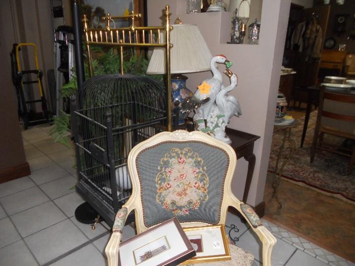 Antique bird cage, mahogany end table