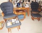Set of 2 glider rocking chairs, each with ottoman.  Matching Oak side tables