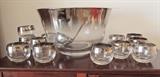 Punch bowl with silver band & 12 "roly poly" glasses