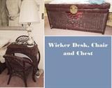 wicker desk, matching chair and linen chest