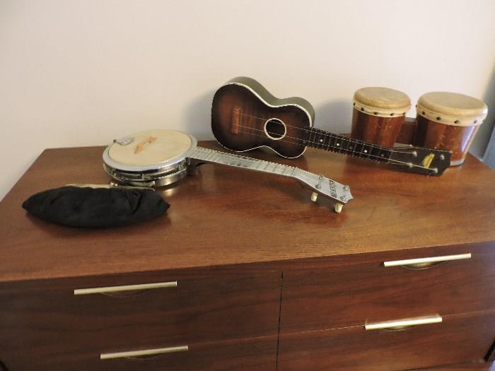Vintage Mexican Zim Gar Bongos, Harmony banjo ukulele, and a Dixie banjo ukulele