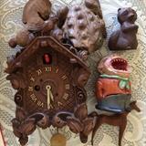Cuckoo clock, wood carved animals and wood toothpick holder from Germany