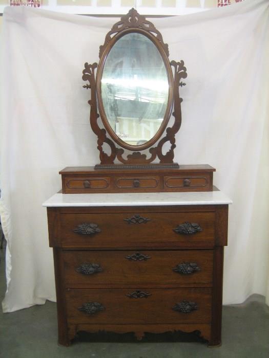 Antique Walnut Marble Top Dresser With Mirror