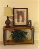 Oak, wrought iron and beveled glass sofa table. Matching coffee table and end table not pictured here. 