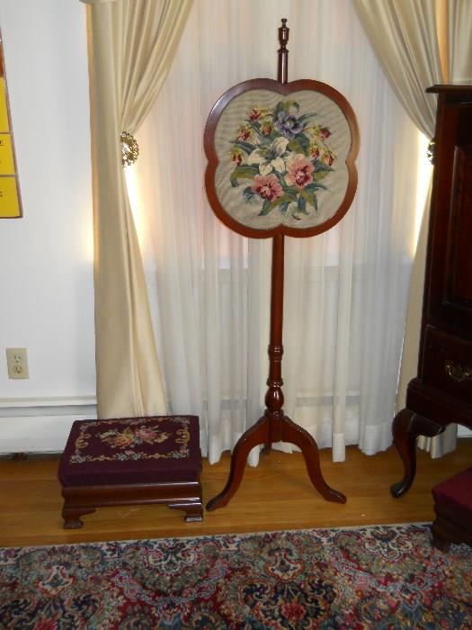 tabletop fire screen with needlepoint panel, vintage needlepoint foot stool, Karastan rug