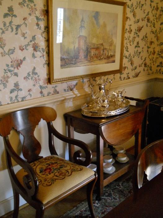 vintage needlepoint arm chair (part of dining room set), tea cart, SP coffee & tea service, SP oval Gallery Tray, framed original Williamsburg art, etc.