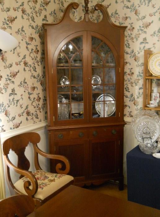 Cherry corner cabinet, SP, Cut Glass, Crystal, vintage needlepoint arm chair (part of dining room set), etc.
