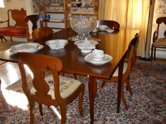 vintage dining room gateleg table and chairs, Karastan rug, Theodore Haviland "Apple Blossom" china, punchbowl & cups, etc.