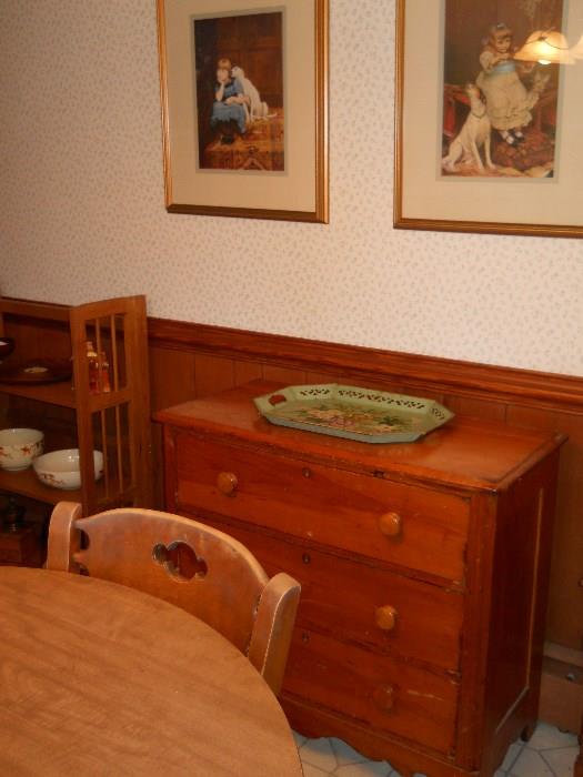 pine 3 drawer chest, tole tray, framed art, etc.