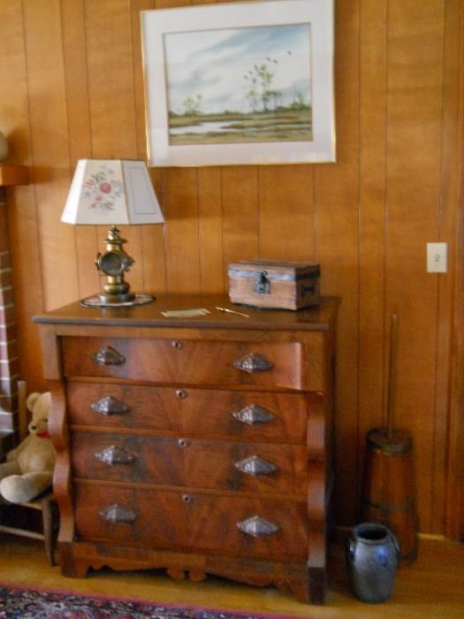 primitive butter churn, crock, vintage 4 drawer chest, child's doll trunk, original framed art, lantern lamp, etc.