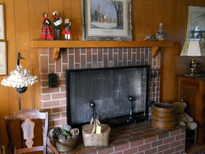 framed original, brass bucket, Longaberger basket, wooden sugar bucket, floor lamp, fireplace items, etc.