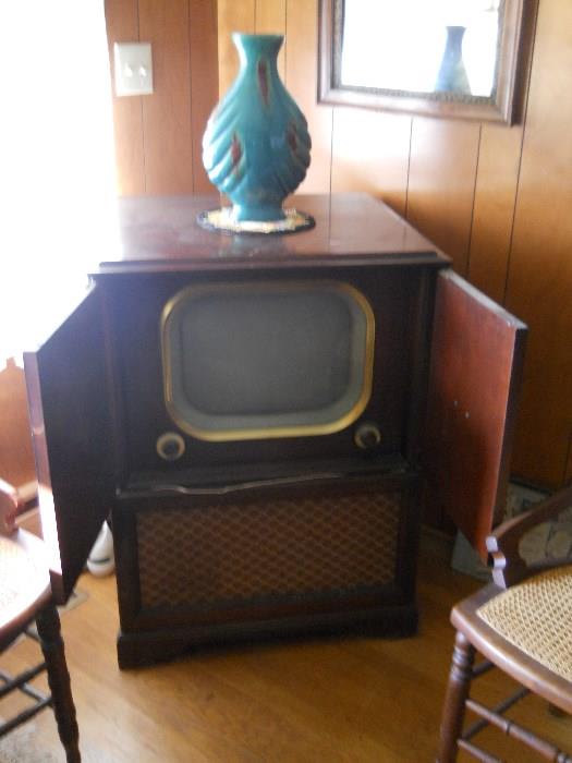 vintage Silvertone TV combo, Vintage cane seat chairs, etc.