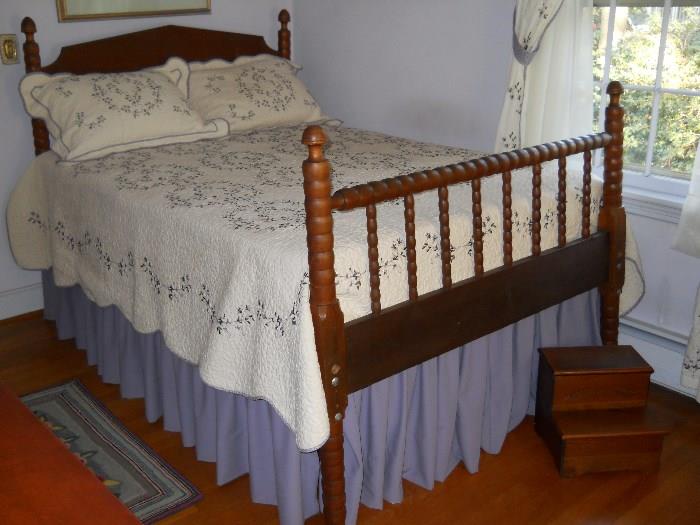 vintage bed, bed linens, wooden bed steps, hooked rugs