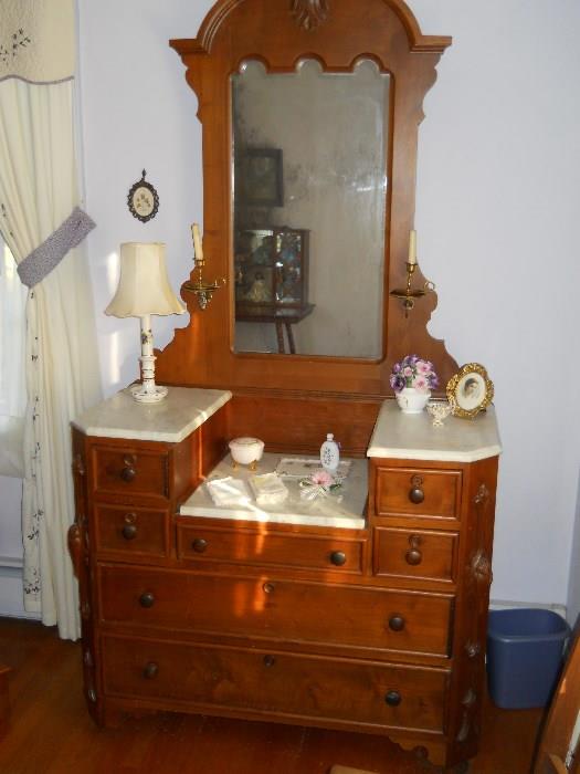 vintage marble top dresser with candle holders and mirror, etc.