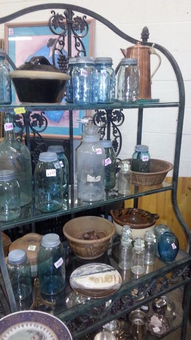 Baker's Rack, Antique Blue Ball Jars, Handmade pottery mixing bowls, Copper