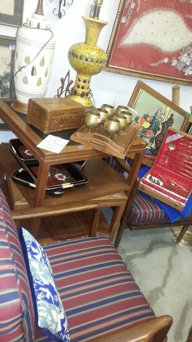 Thai, Mid Century, Teak Armchairs, Thai silk upholstery, Teak tables