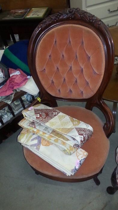 Japanese Vintage OBI sashes, Victorian Velvet Cherry carved Chair