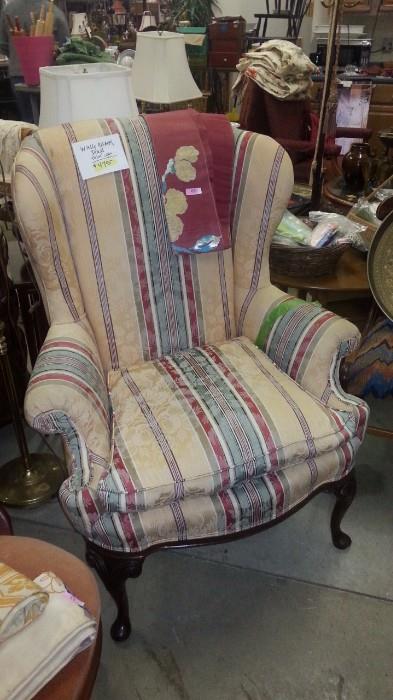 Silk Upholstered, Down Filled Walnut Wing Chair
