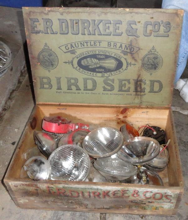 E.R. Durkee Bird Seed Box, Wooden Box, Wooden Crates, Advertisement, Sealed Beams, Head Lights, Automobile Parts