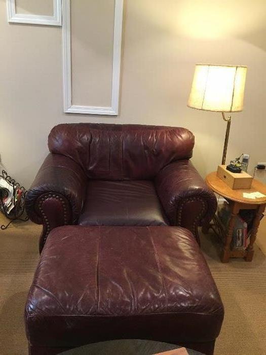 Leather Chair and matching ottoman Cushion just reupholstered.  Very very comfortable.  I would not be parting with this if I had room for it. Table Lamp with magazine rack below.  New shade