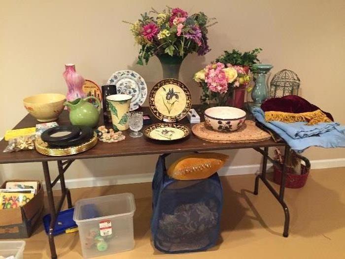 Flower arrangements, bowls, vases, decorative pillows, table linens, plates, books. 30 years of collecting and decorating our home.