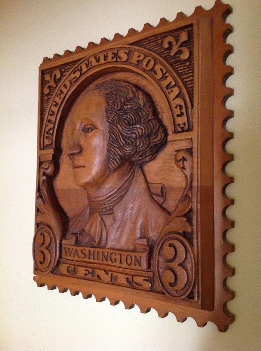 Robert Andrus Hand carved wooden sculpture- US postage 3 cent Washington stamp, large