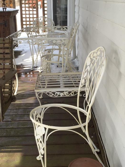 Outdoor patio furniture- white Iron glass top table and 4 chairs, side table