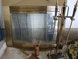 Brass and Glass fireplace Surround and Tool Set