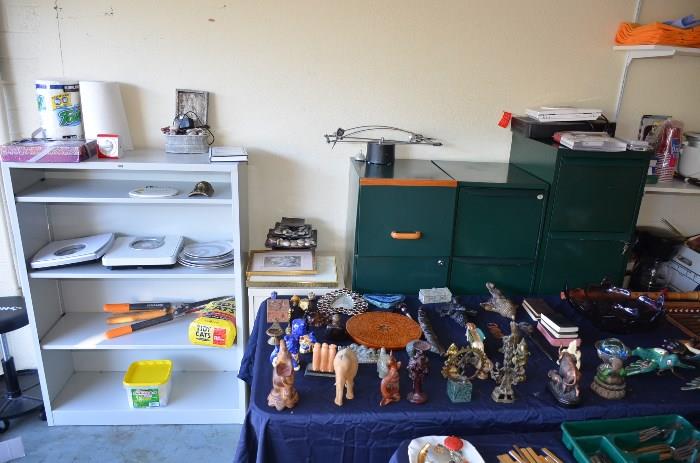 Yard tools and file cabinets.