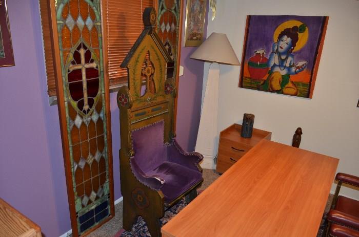 The nicest pair of stained glass panels I have ever sold and a vintage monumental chair. 