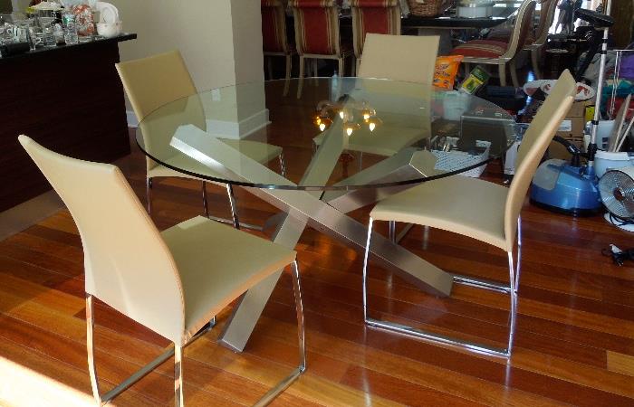 Modern Glass top Dining Table and Four Leather chairs