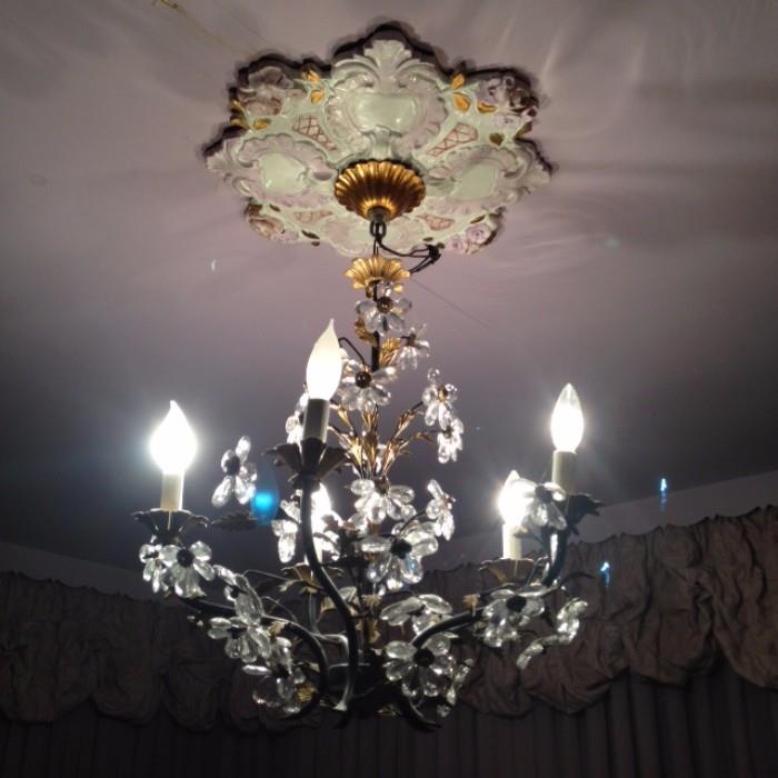Tole ware chandelier with crystal flowers. 