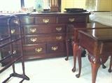 Solid cherry quilt rack, 2 cherry end tables, and beautiful dresser with mirror. 