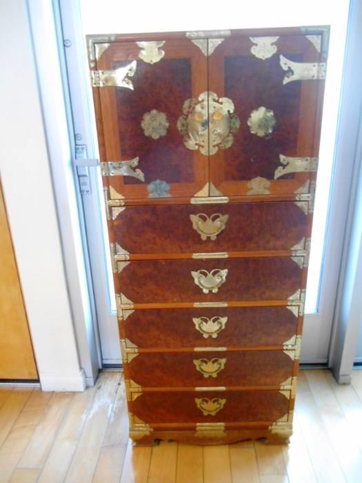 Asian Flair Jewelry Box 22"w x 15.5" deep x 50.5" tall. Drawers are lined with Velvet for your jewelry - the bottom ones aren't tho