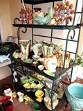 Metal Bakers Rack...nice scroll work, 3 open shelves for display... of what you bought here...Also shown are some of the Excellent Collection of Vintage     McCoy Pottery (approx. 100+ pcs in collection)... vases, dishes, pots, etc.
