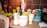   Some of the excellent collection of  Vintage Pottery... McCoy Pottery (approx. 200 + pieces in collection)...;vases, animals, wall vases, planters, etc.; Also shown are some Jeanette Glass, Shell Pink, Yellow Satin Glass. Also Hull, Hall, Shawnee Red Wing Pottery available too.