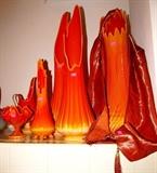 Vintage Viking Amberina ...vibrantTangerine - Yellow color... Stretched Slag Glass Swung  Vases, also shown are Vintage Viking Amberina Tangerine - Yellow Color stretched glass Footed Dishes glasswares...Excellent glassware...very collectible