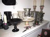 Carved Stone  Footed Dishes, Vases / urns, Candlestick Holders;  Also shown are Vintage silver tone McCoy Pottery items ....