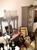 Shabby Chic Foyer Table with silver wash finish, Angular Top, nicely spindled legs; Under it is a Matching Shabby Chic Chest with silver wash finish, 2 drawers, and drape style brass pulls; In the background is  a  French Country Style Shabby Chic Armoire / Cabinet with silver wash finish. Armoire / Cabinet has  keyed / lockable double door storage...doors have chicken wire style inserts...3 serpentine interior shelves storage;  Artworks shown are only some of the collection of fine artworks...original oils, good prints, and lithographs...signed...many listed artists,  that are available in this sale.  lampshades, vase and other things shown are also available.