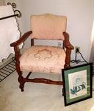 Vintage Arm Chair with nicely carved arms and legs, and pink linen brocade upholstery; Nicely scrolled meal blanket stand and artwork are also available.