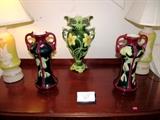 Vintage Majolica vases / urns with rich colors and florals; Pair of Matching  Vintage Mid Century Aladdin Lamps with Alacite glass stands... with a striking "Chartreuse" (lime-green) color background...  and a beautiful fused "Lily of the Valley" design accent (likely Circa 1950's). 