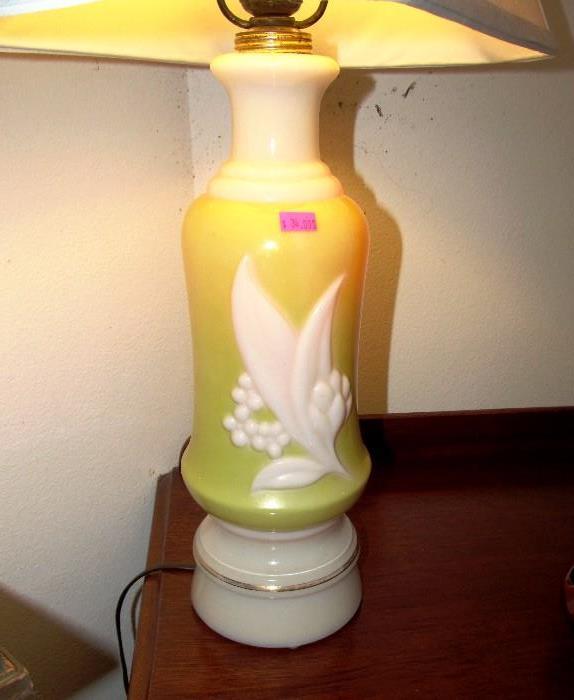 One  of Two Matching  Vintage Mid Century Aladdin Lamps with Alacite glass stands... with a striking "Chartreuse" (lime-green) color background...  and a beautiful fused "Lily of the Valley" design accent (likely Circa 1950's). 