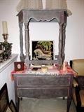 Shabby Chic Foyer Table with silver wash finish, Angular Top, nicely spindled legs; Matching Shabby Chic Chest with silver wash finish, 2 drawers, and drape style brass pulls;  Artworks and other items shown are also available.