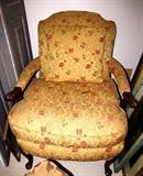 Vintage Queen Anne Style Boudoir Arm Chair with cabriolet legs, and lovely gold brocade floral upholstery; 