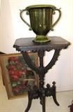 Vintage Victorian Style Stand (believed to be Eastlake), with ebonized dark finish, and ornately carved and pierced wood accents;  The beautiful two handled urn / vase, and the lithograph are also available.