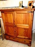 Pine Entertainment Center with Double doors with metal hinges accents and ring pulls,  drawer storage, Bun Feet