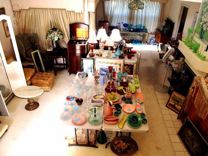 " A View to A Collector's Collection...and this is only one of the rooms.  Excellent collections of Vintage Pottery...McCoy, Hall Hull, Russell Wright, Franciscan, California Pottery, ...others; Excellent collections of very collectible Vintage glasswares... Depression, Rock Crystal...one of the largest collections we've ever seen, Candlewick, Viking / Amberina, McKee Puritan, Fostoria, Hazel Atlas, ... others; Excellent Accent / Decorator items; Excellent Furniture...many vintage items; Lots of Artworks...signed...listed artists Wallace Nutting, Turner, Adams, DeJonge, many art deco artworks, and a  large collection of Vintage "Mottos"...50 + Vintage "Mottos" in the style of Buzza.  If you are a collector...there are likely items you need that are in this sale.