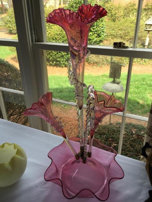 Beautiful cranberry glass epergne